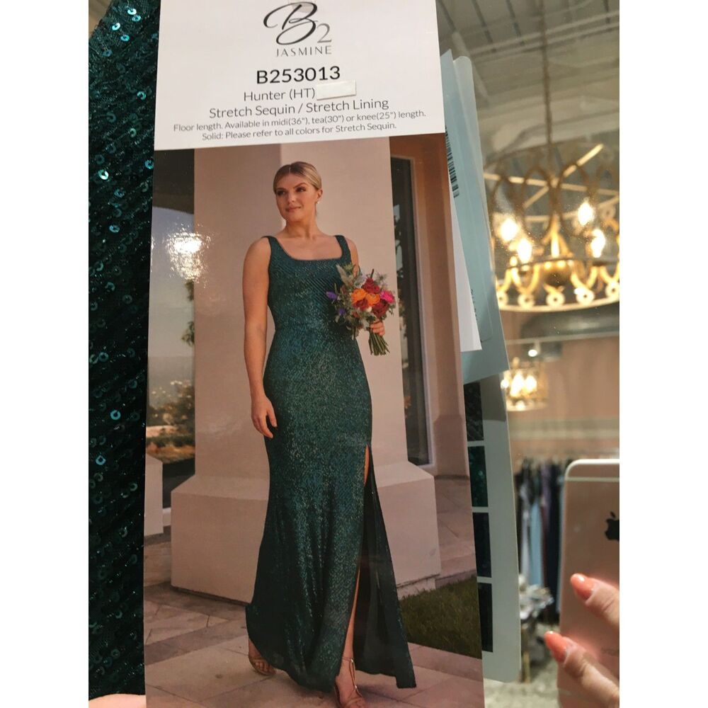Hunter Green StretchSequin Evening Dress Sleeveless Square Neck Low Back Slit B2 - Picture 10 of 11